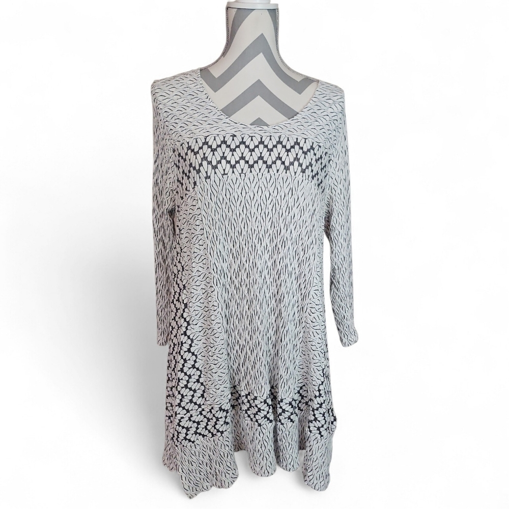 Habitat Art to Wear Geo Texture Print Tunic Mini Dress Lagenlook B&W Stretchy Lg